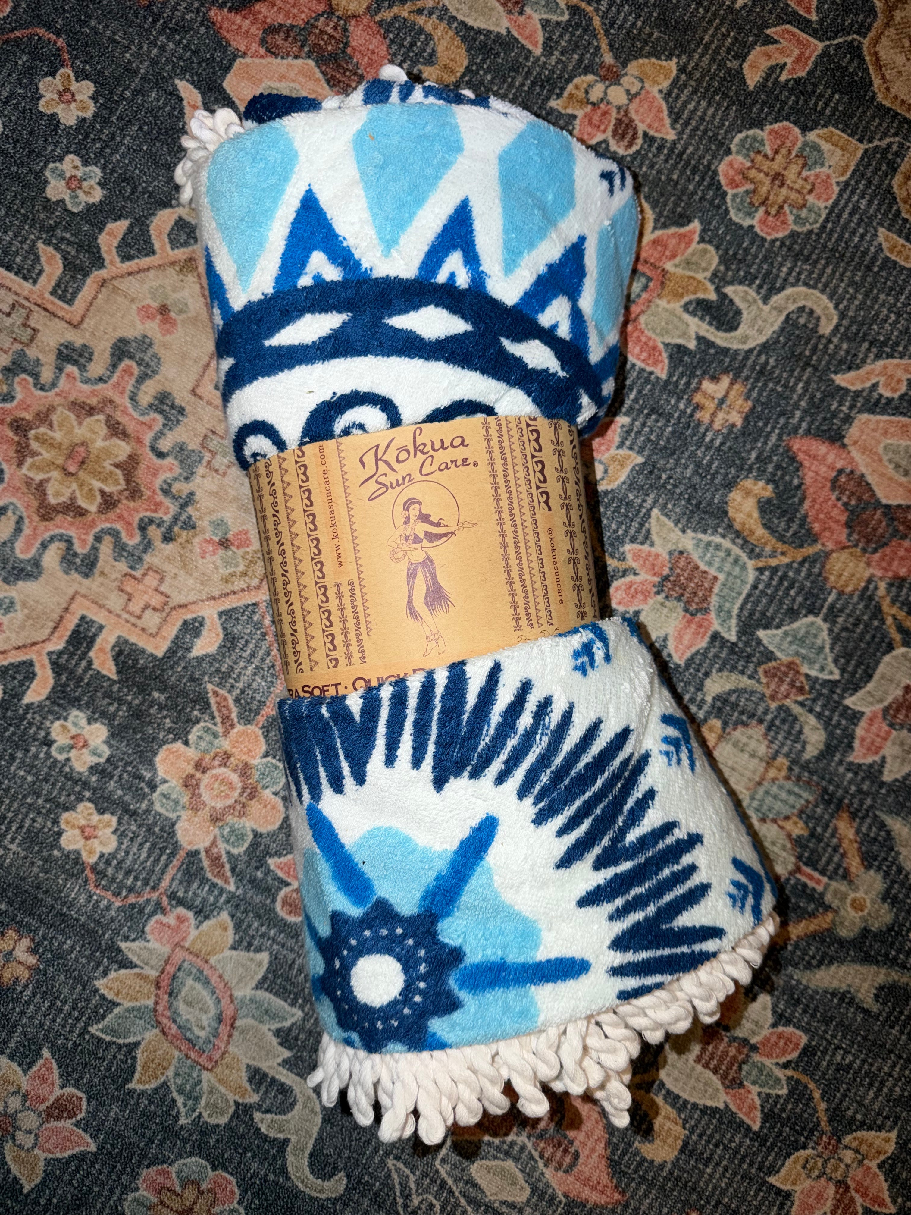 5' Round Turkish Cotton Beach Towel | Blue Mandala Design | Oversized Fringe Beach Blanket